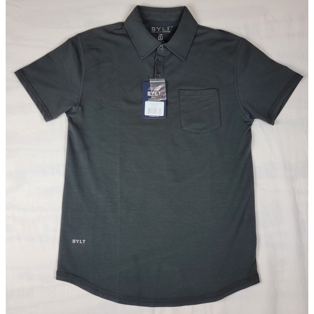 BYLT NWT Premium Basics Lux Pocket Small Polo Dark Charcoal Mens Drop Cut